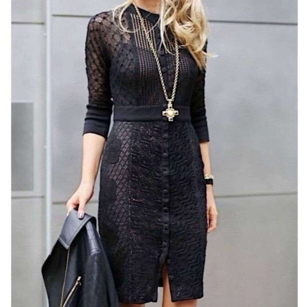 Beguile by Byron Lars Mona Black Lace Button Front Sheath Dress 6